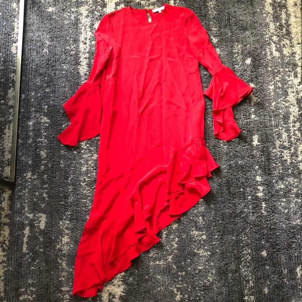 Alexis hazel red asymmetric ruffle silk long bell sleeve dress XS - Picture 2 of 8
